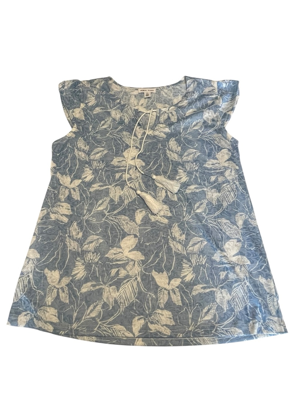 Cottagecore Split Neck Cornflower Blue Floral Tassel Tie Cotton Tunic